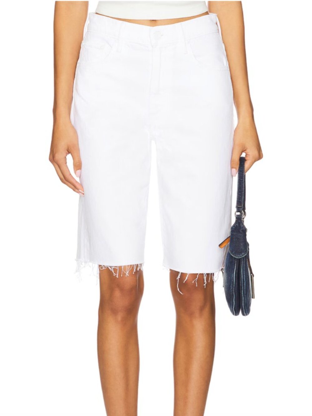 MOTHER The Maven Bermuda Fray in Picket Fence White Denim Mid Length Shorts 25